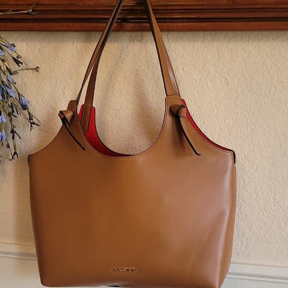 Halston Heritage Handbags - Halston Heritage Brown Tote with Vibrant Red Lining